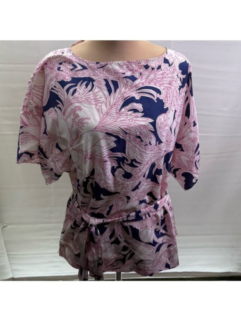 Talbots Silk Cotton Paisley Tunic Blouse Size Medium Petite Pink Navy Belted